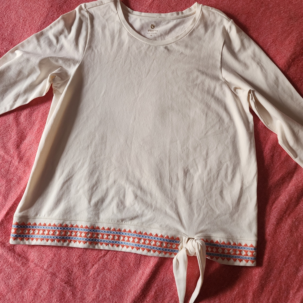 Spartina 449 Cream Long Sleeve Top with Colorful Hem